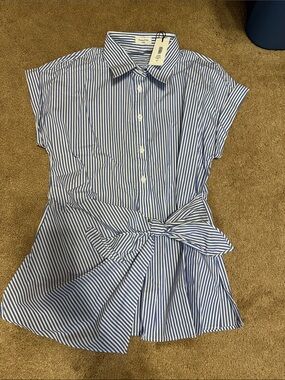 Aritzia Blue & White Striped Tie-Waist Button Down Blouse